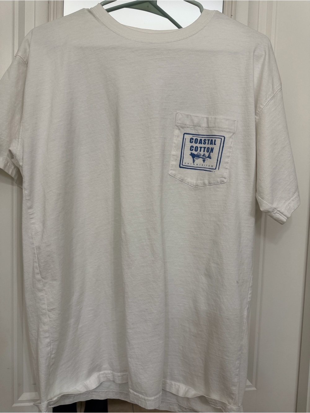 Coastal Cotton Men’s Short Sleeve Pocket Tee — White with Blue Logo